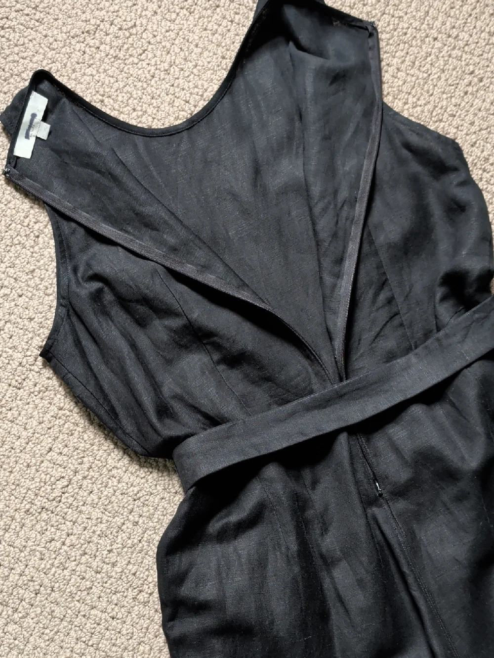 Black Linen Wide Leg Belted Jumpsuit Minimalist Pockets Sz 14 - Picture 7 of 12
